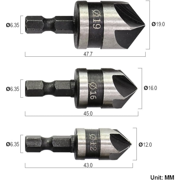 3 st 1/4\" Hex HCS Countersink 5-kantiga Borr för Countersinking