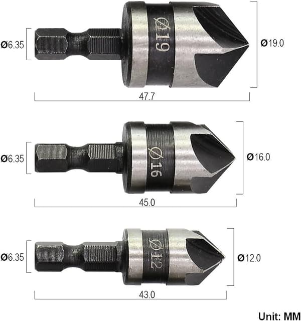 3 stk. 1/4\" Hex Affasningsfræser 5 Fløjte Bor Bits Forsænker, ZQKLA