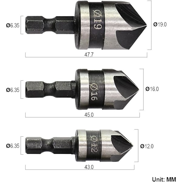 3 stk 1/4\" Hex HCS Senkbor 5-fløyts for Senking