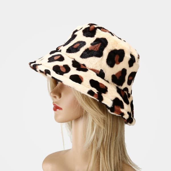 Varm och fluffig bucket hat i fuskpäls för dam, leopardmönstrad, ZQKLA