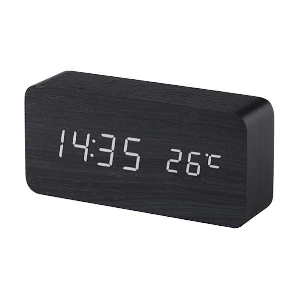 Rektangulär svartvit LED-träväckarklocka - Trä, ZQKLA
