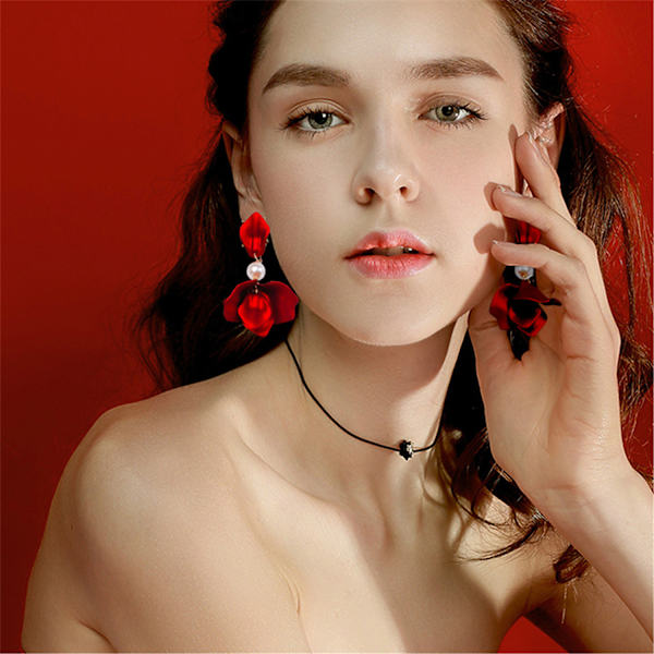 （Rød）Lange Akryl Rose Petal Øreringe Dangle Overdrevne Flo,ZQKLA