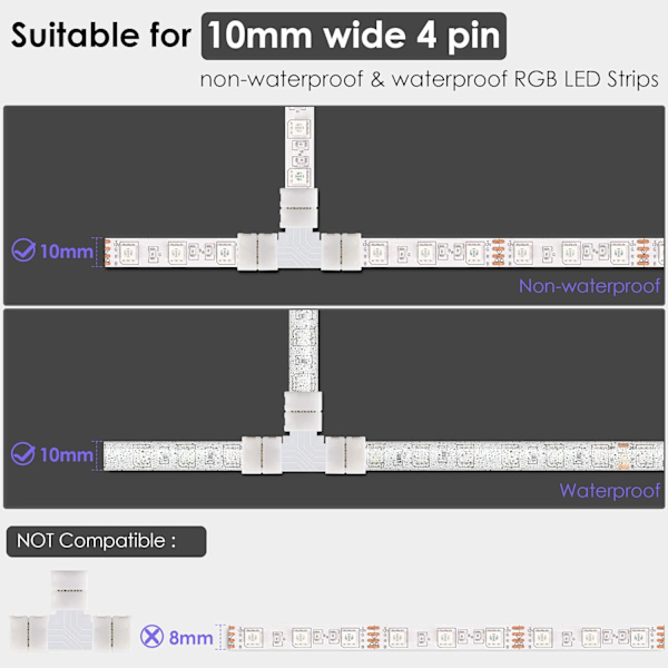 T-Formet 4-Pins LED-Stikkontakter 10-Pak JACKYLED 10mm Bred Unwi,ZQKLA