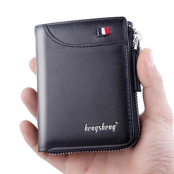 Plånböcker för män Äkta läder, Slim Zipper Herr Plånbok RFID-blockering med framficka（svart）