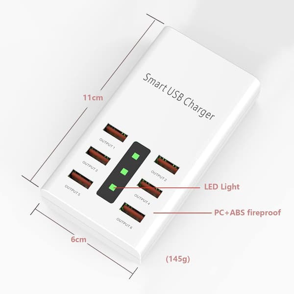USB-laddare, 30W 6 USB-A-portar, Universal laddare kompatibel med