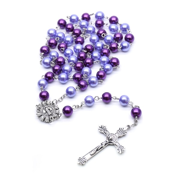 Y Catholic Blue Crystal Bead Halsband Rosenkrans Silver Chain Crucifi