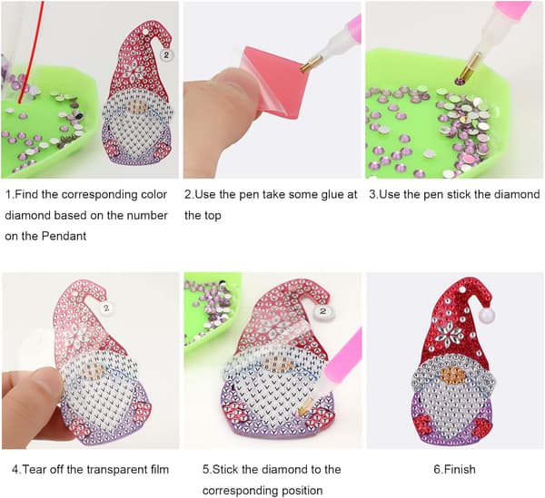 4 Stykker 5D Diamantmaleri Nøgleringe, DIY Gnome Form Diamant P