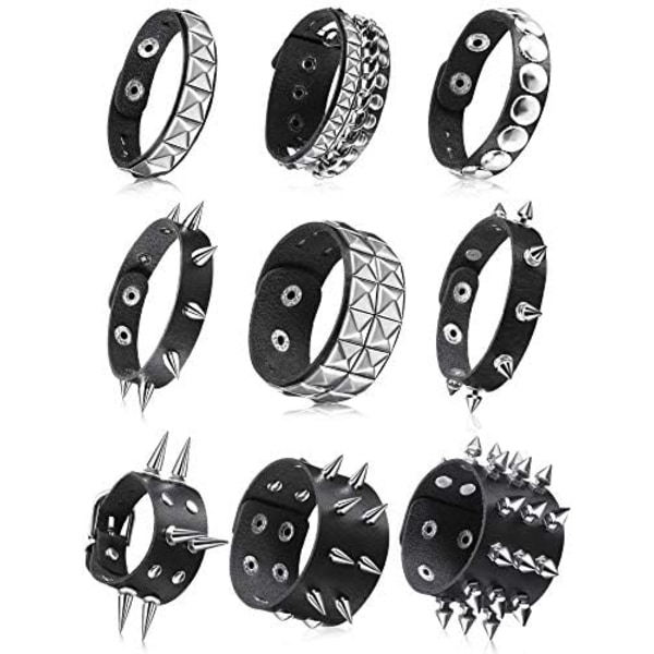 9 delar spiked dubbade armband svart lädernit Punk Br,ZQKLA