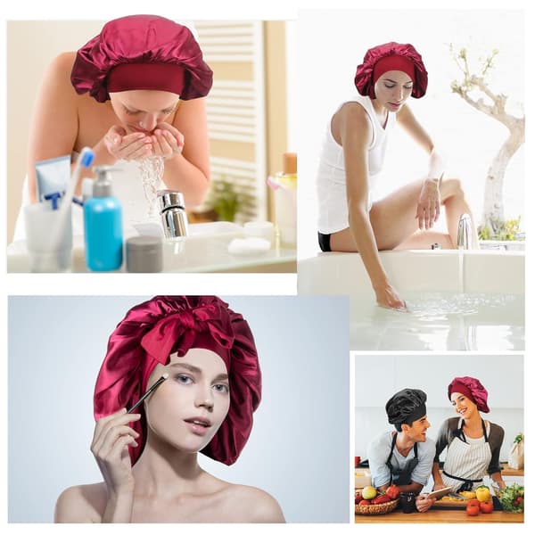 Pakke med 2 Sorte+Røde Satin Søvn Bonnet, Stor Satin Søvn, ZQKLA