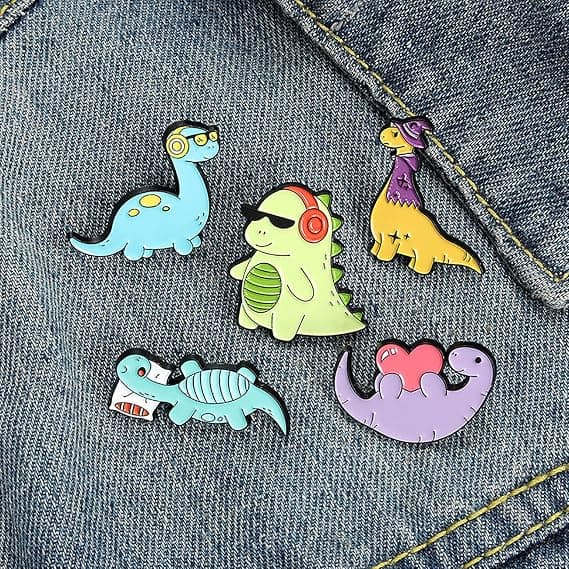Sæt med 5 søde emaljebrocher til piger og børn, frø, kat, dinosaur