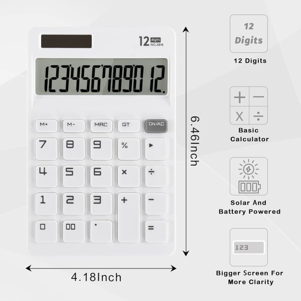 Vit skrivbordsräknare med stora tangenter, solcellsdriven, ZQKLA