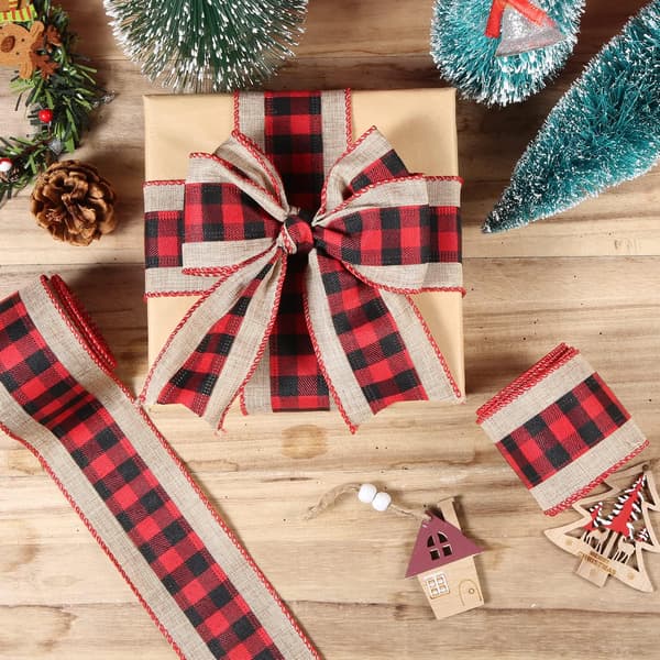 2 Ruller 9m x 6.3cm Jule Buffalo Plaid Bånd, Trådet Jule