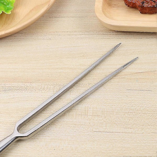 Grillgaffel i rustfritt stål med trehåndtak, 30 cm serveringsgaffel med to spisser