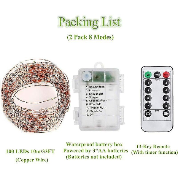2 x 10m Batteridrevet LED-lysstreng 100 LED'er Timerfunktion Med Fjernbetjening IP65 Vandafvisende Indendørs Og Udendørs Dekoration Til Jul Bryllup