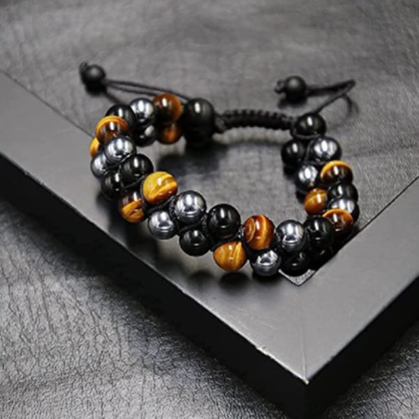 Trippel beskyttelsesarmbånd, ekte Tigers Eye Black Obsidia, ZQKLA