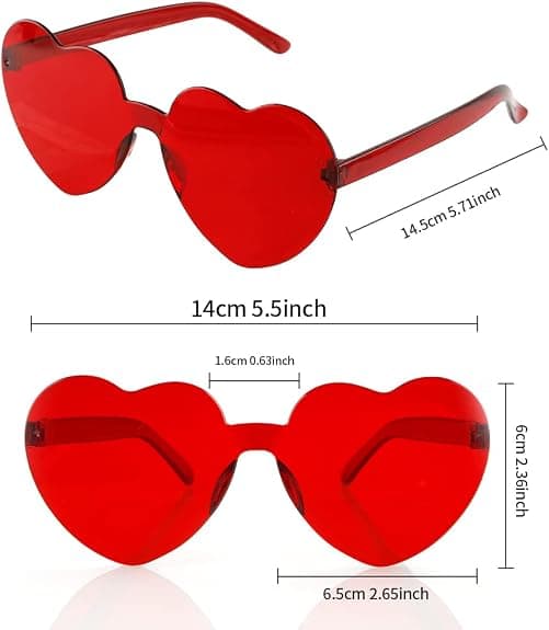 Hjärtformade solglasögon, 3-pack, ramlösa, retro, röda, kärlekstema Red