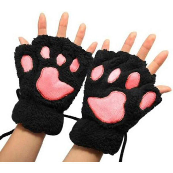 Vinter Katte Luffer Sorte Varme Plys Handsker med Halv Finger Vante