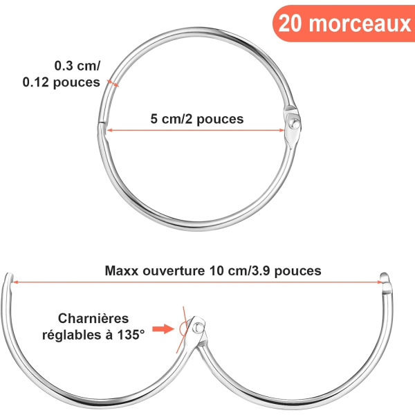 20 st gardinringar, 50 mm cirkel metallringar öppningsbara ringar, ZQKLA