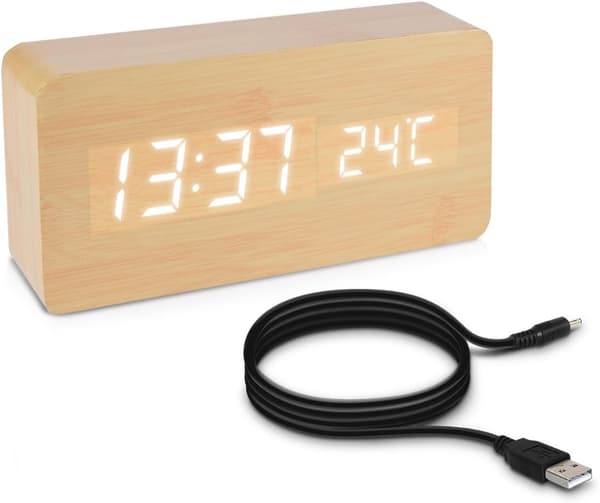 Rektangulär Beige och Vit LED Trä LED Väckarklocka - Trä Lo,ZQKLA