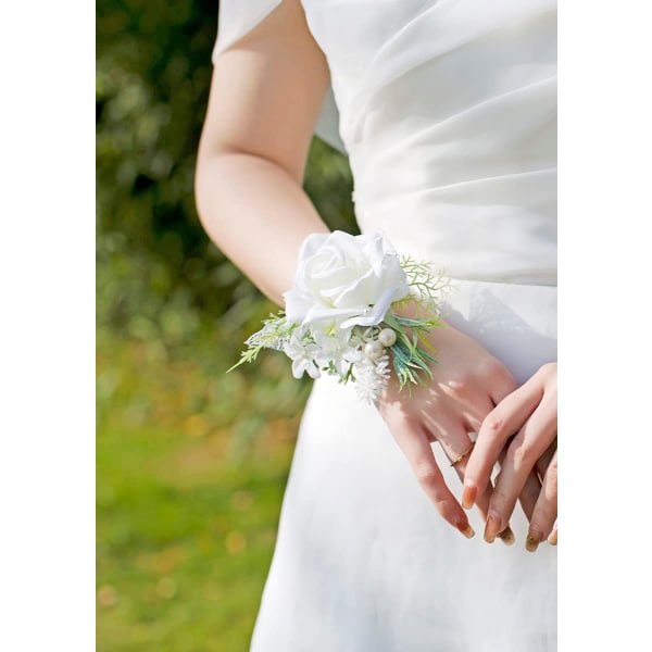 White Corsage og Boutonniere Sett Artificial Rose Flower Wri,ZQKLA