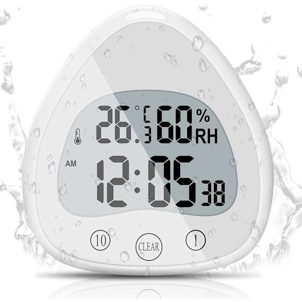 Badeværelsesur, LCD Digital Alarm med Vandafvisende Touch Display, ZQKLA