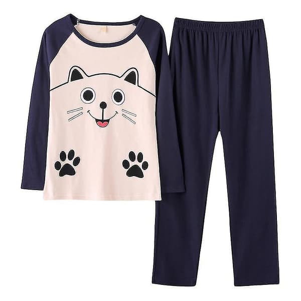 Dame Vinter Pyjamas Plus Størrelse Hjemmetøj Langærmet Smiley Kat Dame Pyjamasæt-L，2154 JAZY