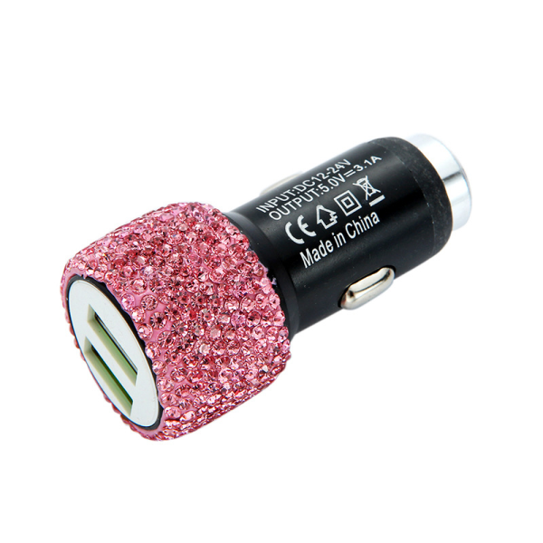 Bling Bling USB-billader 5V/2,4A Rosa Krystalldekor Dual