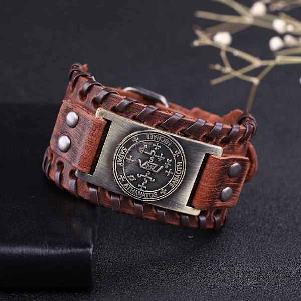 Brun läderarmband med ängelns Michael-symbol So,ZQKLA