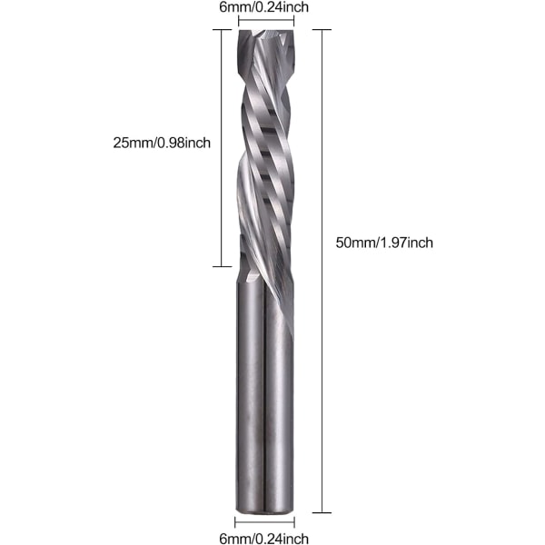 6 x 25 mm - upp- och nedskärning med två flöjter, spiralformad hårdmetall, ZQKLA
