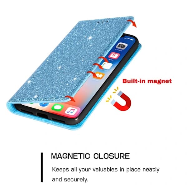 iPhone 15 Kotelo Flip Glitter Sininen,su