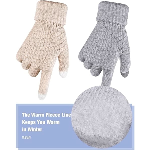 2 par Vinterhandskar med pekskärm för kvinnor, varm fleecefodrad stickad