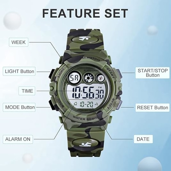 Klockor för barn Digital Sport Vattentät Pojkar Flickor Klocka Utomhus 12/24 H Alarm EL Bakgrundsbelysning Stoppur Militär Barn Armbandsur Åldrar 5-15