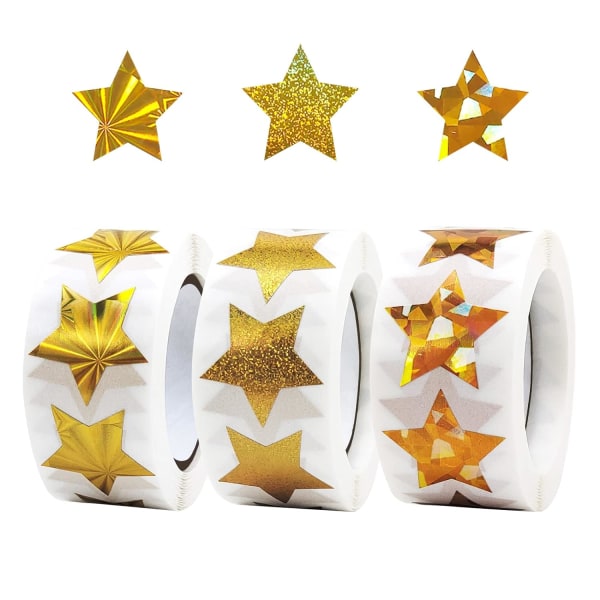 1500 st Gold Star Stickers 3 mönster, 3 rullar självhäftande guld
