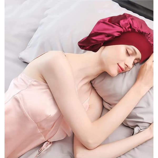 Pakke med 2 Sorte+Røde Satin Søvn Bonnet, Stor Satin Søvn, ZQKLA