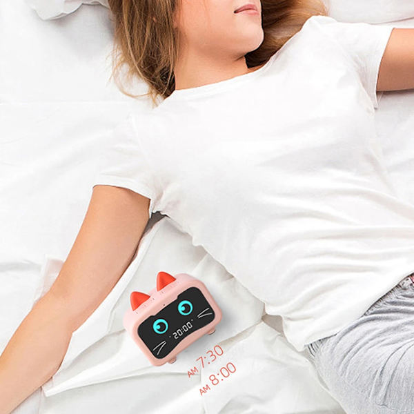 Barnealarmklokke med Bluetooth-høyttaler, LED-skjerm og kattautseende, ZQKLA