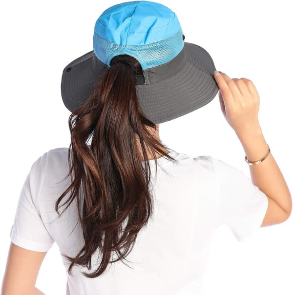 Blå solhatt för damer, bredbrättad bucket-hatt med mesh, Buni-hatt för utomhusfiske