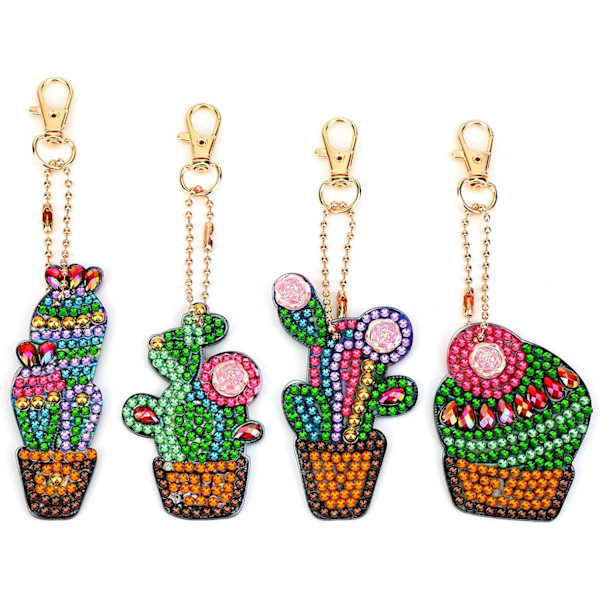 4 Stycken DIY 5D Kaktus Diamantmålning Nyckelringar, DIY Strass
