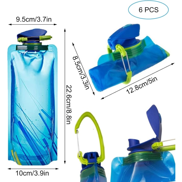 6 kpl kannettavat kokoontaitettavat vesipullot, uudelleen käytettävä lukko, ZQKLA