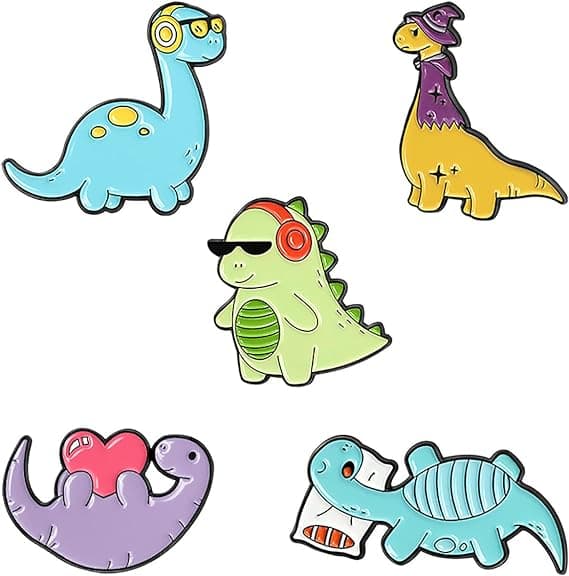 Sæt med 5 søde emaljebrocher til piger og børn, frø, kat, dinosaur