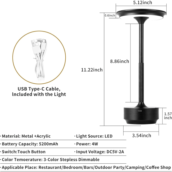 Sladdlös skrivbordslampa LED batteridriven uppladdningsbar bärbar touch batteridriven lampa (svart)