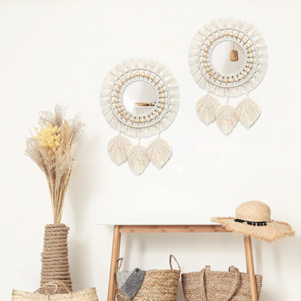 Boho Makramee Hapsureunainen Seinäpeili Puuhelmillä ja Sulkakynällä, ZQKLA