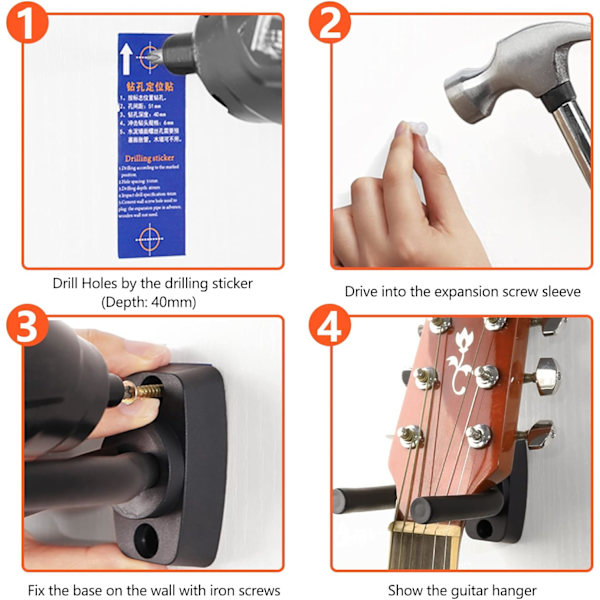 6 stycken svarta väggfästen för gitarr, gitarrkrok, gitarrvägg, M,ZQKLA