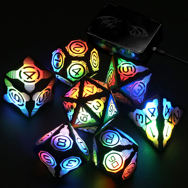 Lysende LED Terninger Sett med 7 USB Ladbare Lysende DND Terninger