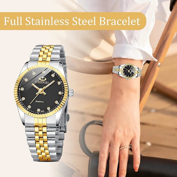 Dameure med rustfri stållænke, Quartz analog armbåndsur vandtæt lysende, luksus urskive dameur, G