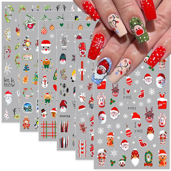 6 Ark Julnaglar Dekaler 3D Tomte E,ZQKLA