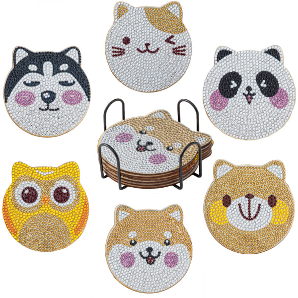 6 Stk Søde dyr Diamantmaleri Coasters Kits DIY Pet Paw,ZQKLA