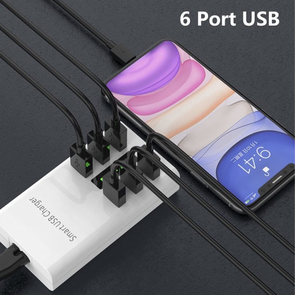 USB laddare, 30W 6 USB-A-portar, Universal Kompatibel med
