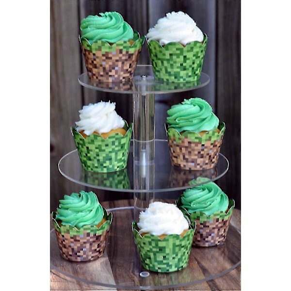 Minecraft-teemaiset cupcake-kääreet syntymäpäiväjuhliin, 24 kpl, käännettävät insinööriheinä ja vihreä pikseli Cu