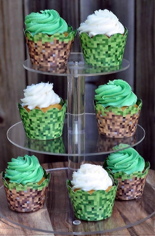 Minecraft-tema Muffinspapper Födelsedagskalas Set med 24 Vändbara Ingenjör Gräs och Grön Pixel Cu