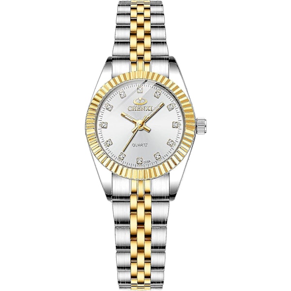 Dameure med rustfri stållænke, Quartz analog armbåndsur vandtæt lysende, luksus urskive dameur, G